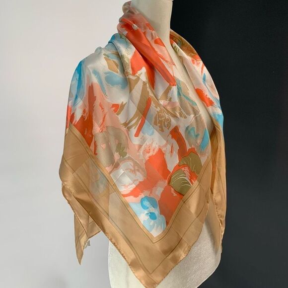 PIERRE CARDIN 100% silk BEIGE BLUE SCARF - Picture 1 of 8